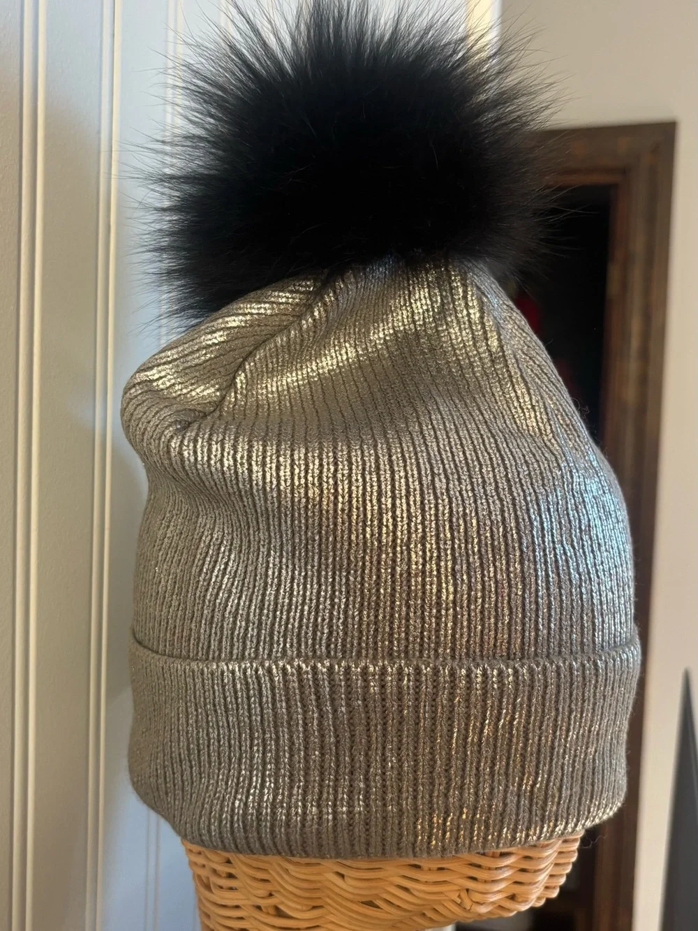 Metallic Silver Ribbed Knit Beanie with Black Pom Pom